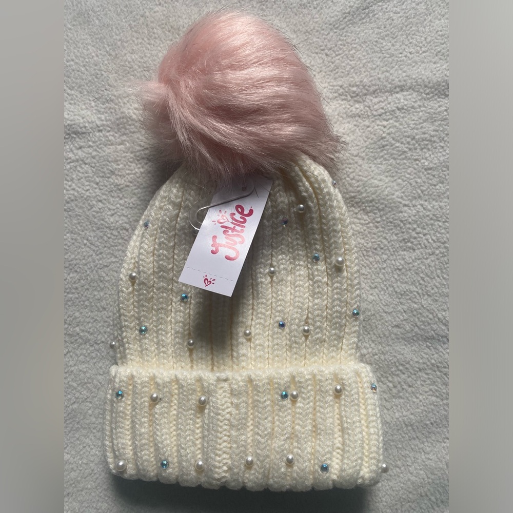 Justice Cream Knit Beanie with Pink Pom-Pom